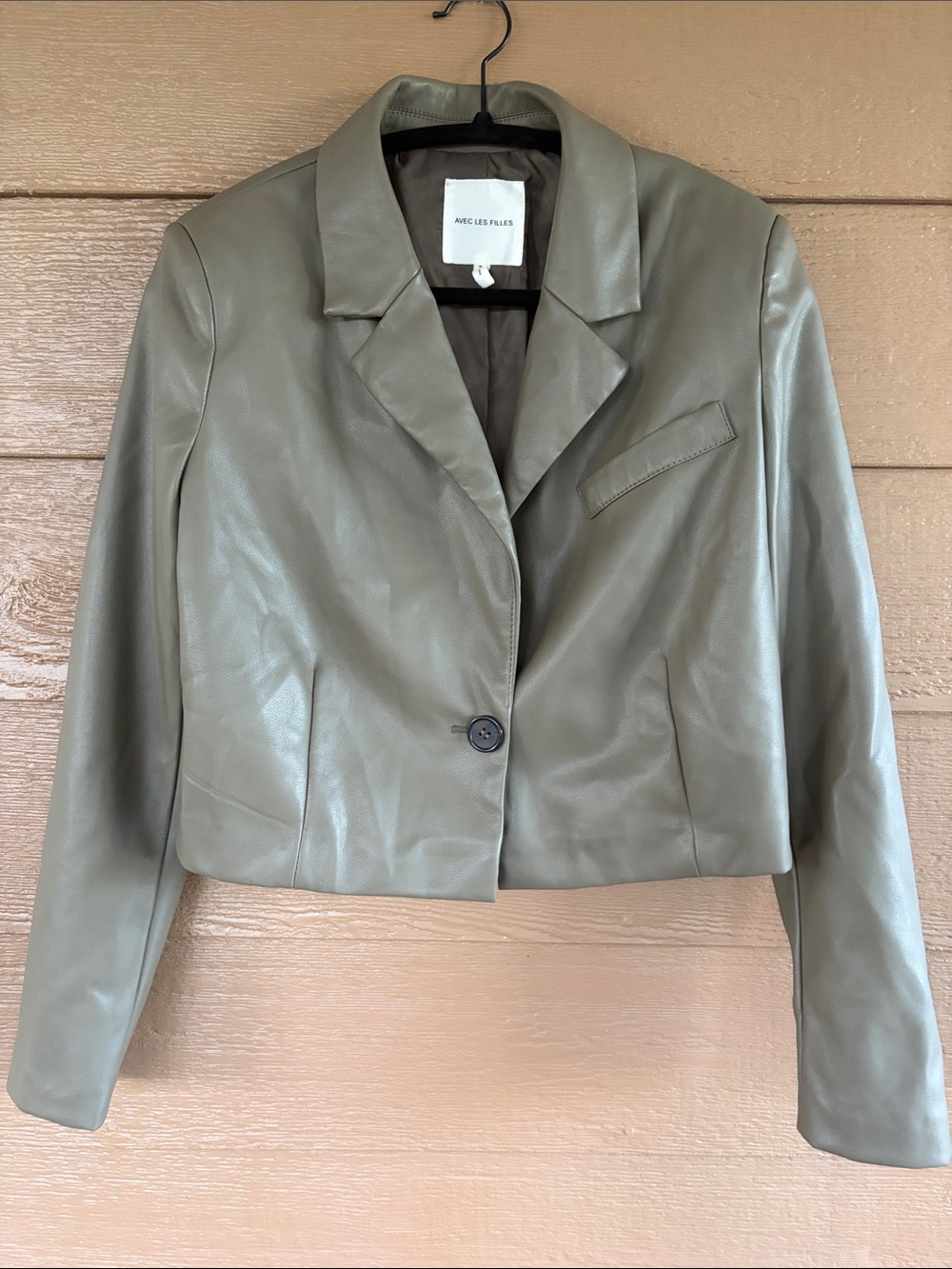 Avec Les Filles Olive Green Faux Leather Cropped Blazer -Sz S